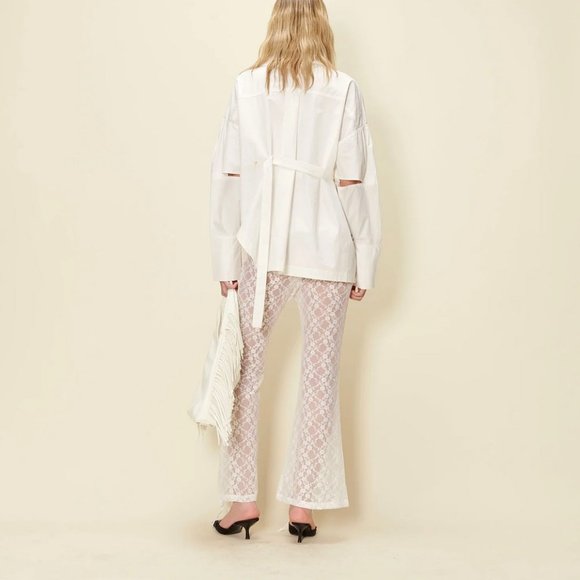 House of Sunny Lovers Lace Sheer Kick Flare Pants Porcelain NEW - Picture 3 of 10